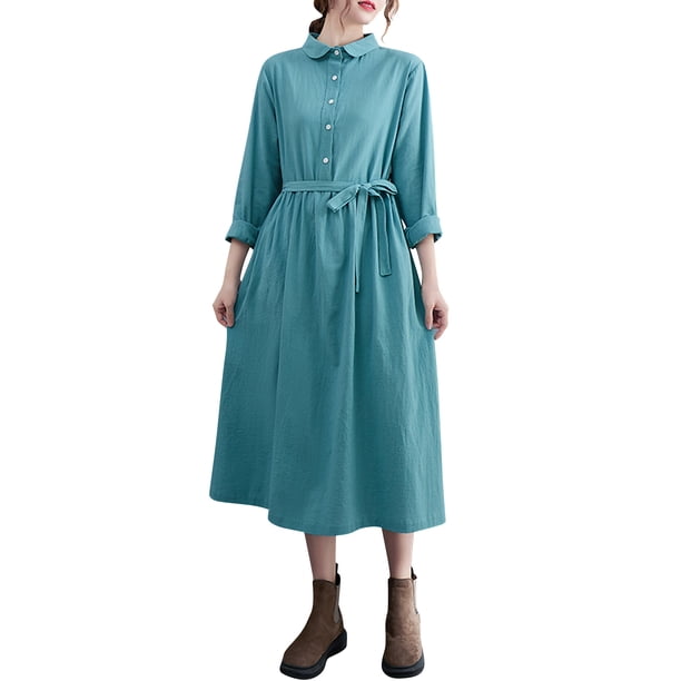 Vestido holgado de mujer con bolsillos, manga larga, botones, vestido de fiesta vintage con cinturón Irfora Azul/XXL