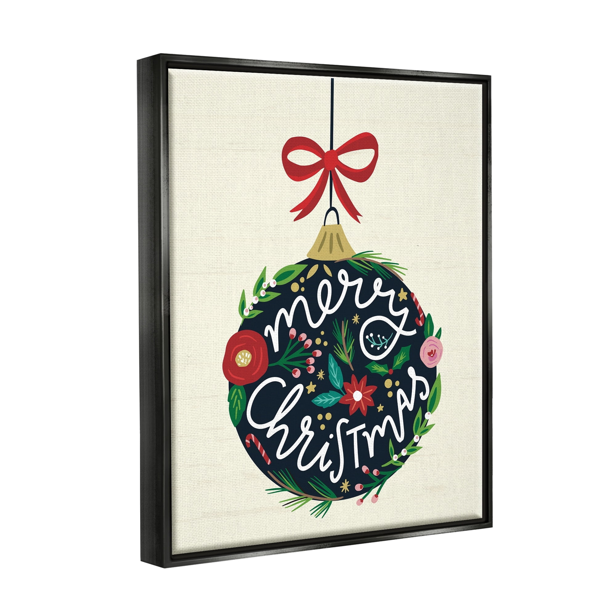 Stupell Industries Merry Christmas Hanging Botanical Ornament Red Bow Graphic Art Luster Gray Floating Framed Canvas Print Wall Art, Design by Louise Allen