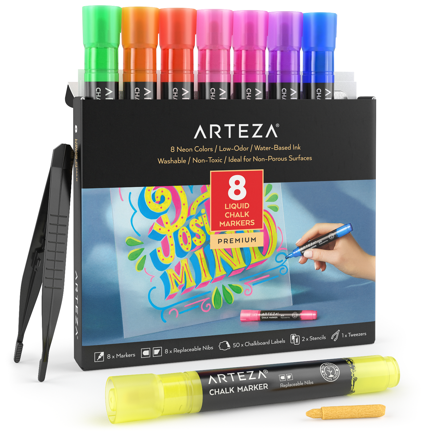 Arteza Neon Liquid Chalk Markers, Washable Paint Marker Set with Replaceable Tips and Stencils - 8 Pack