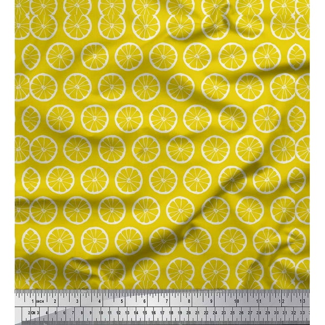 Soimoi Yellow polyester Crepe Fabric Lemon Slice Block Printed Craft Fabric by the Yard 42 Inch Wide