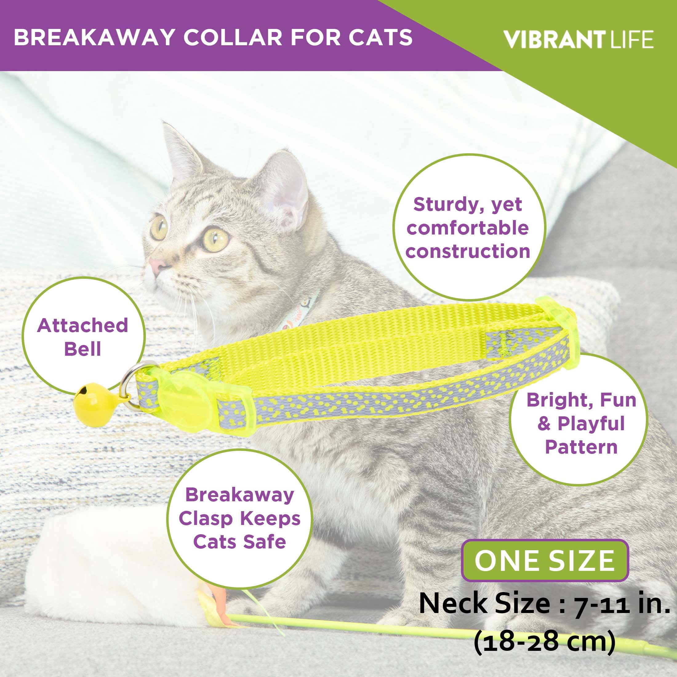 Vibrant Life 2-Pack Cat Collar, Multi Tie Dye and Yellow Reflective, One Size