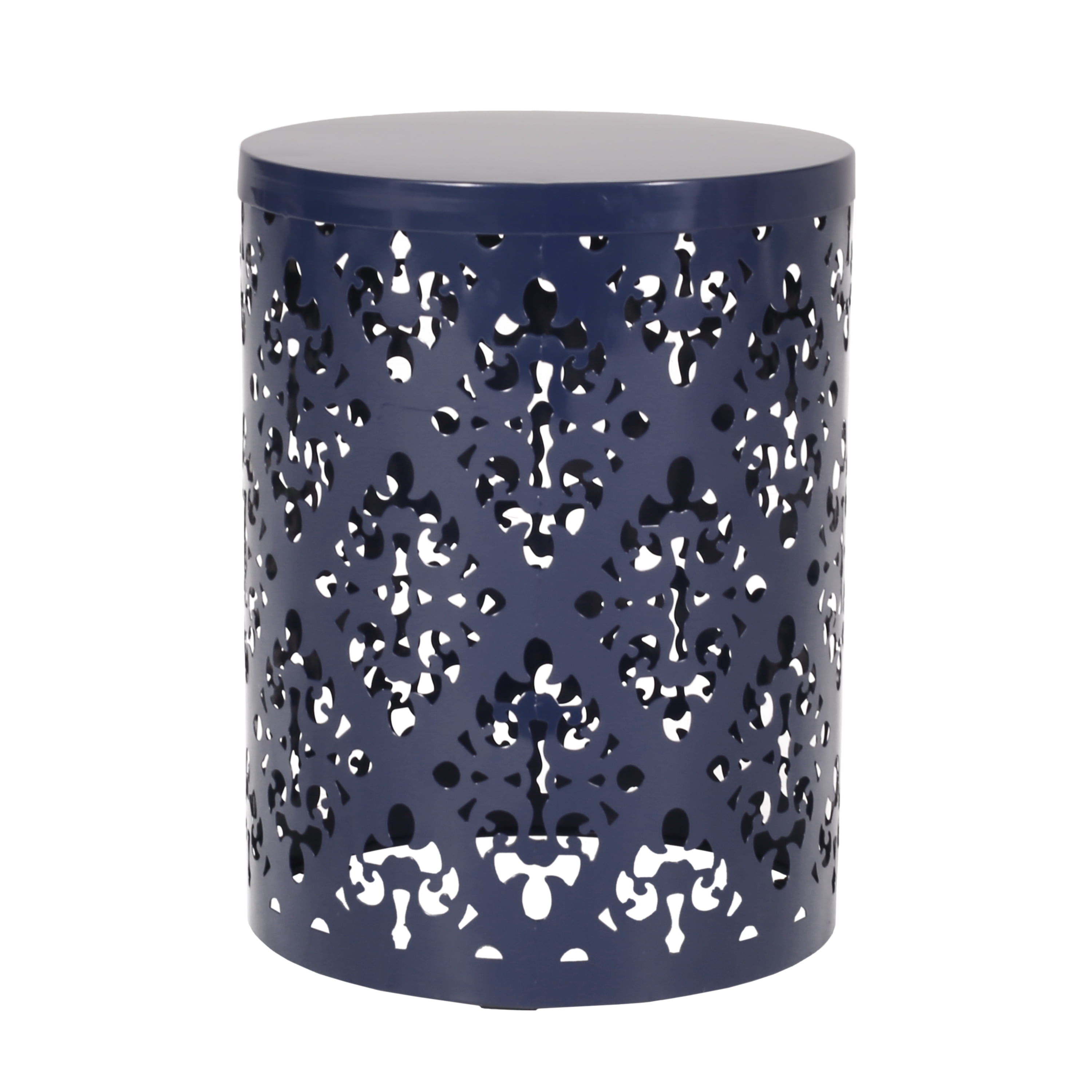 Outdoor Large Cylindrical Side Table, Floral Pattern Hollow Out Iron Tabletop for Patio Garden, Navy Blue