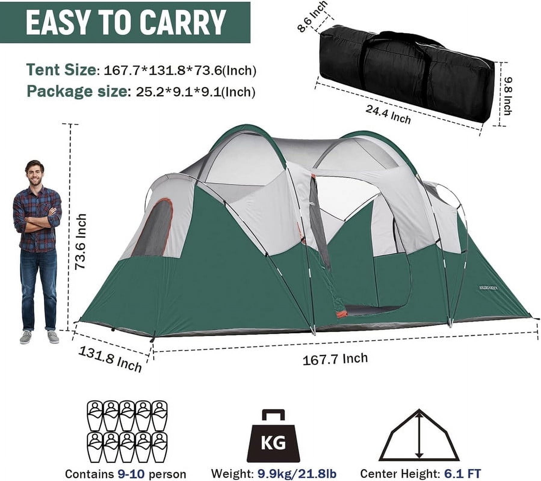 10 Person Camping Tent - Portable Easy Set Up Family Tent for Camp, Windproof Fabric Dome Tent Outdoor for Hiking, Backpacking, Traveling-14'x11'x74in(H)