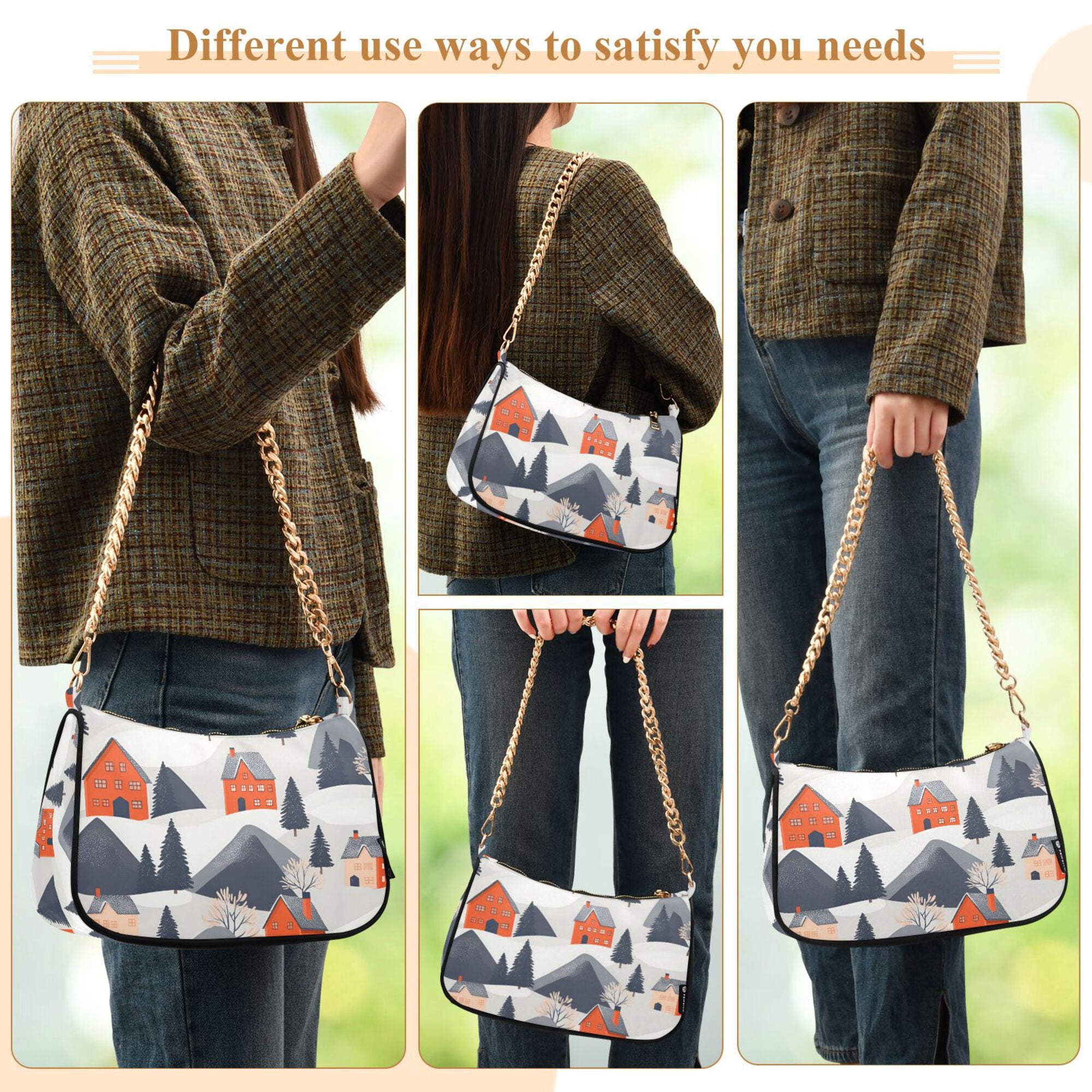 FORMRS Womens Shoulder Bag with Chain Strap Clutch Purse Cute Tote Handbag, Blue Snow Houses
