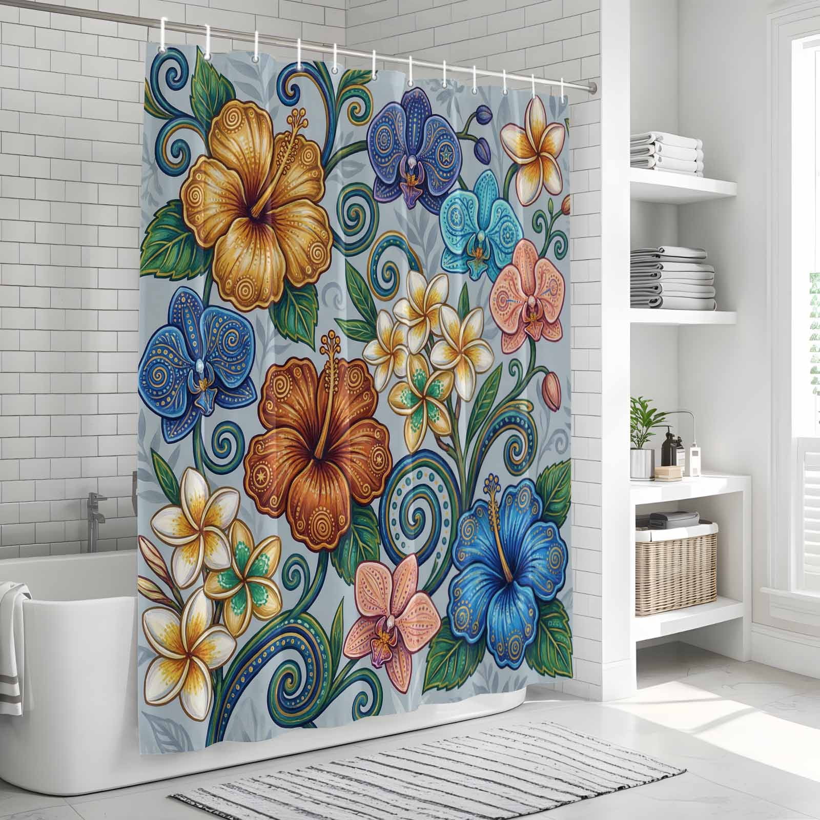 Shower Curtain Bathroom Set Abstract Retro Boho Flower Waterproof Fabric Shower Curtains with Grommets&Hooks, Blue Gold Flower Green Leaf Privacy Bath Curtain for Bathtub 72x72in