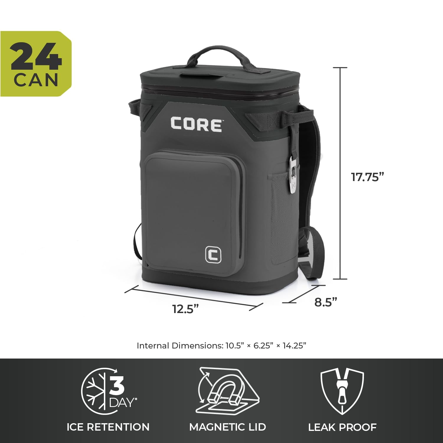 CORE 24 Can Climakeep Magnetic Soft Cooler, Leakproof Cooler, Waterproof Zipper, Charcoal