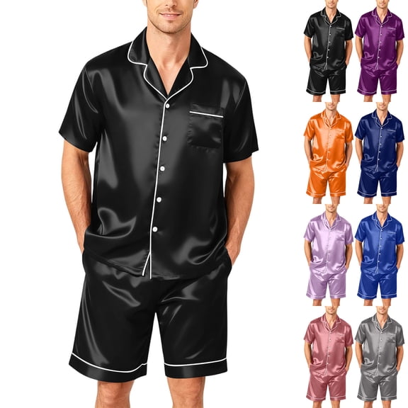 Garbnen Silk Mens Pajama Shorts Set 2 Piece Short Sleeve Button Down Sleepwear Pjs Shorts Set Cozy Mens Loungewear Sets Shorts Blue XXL