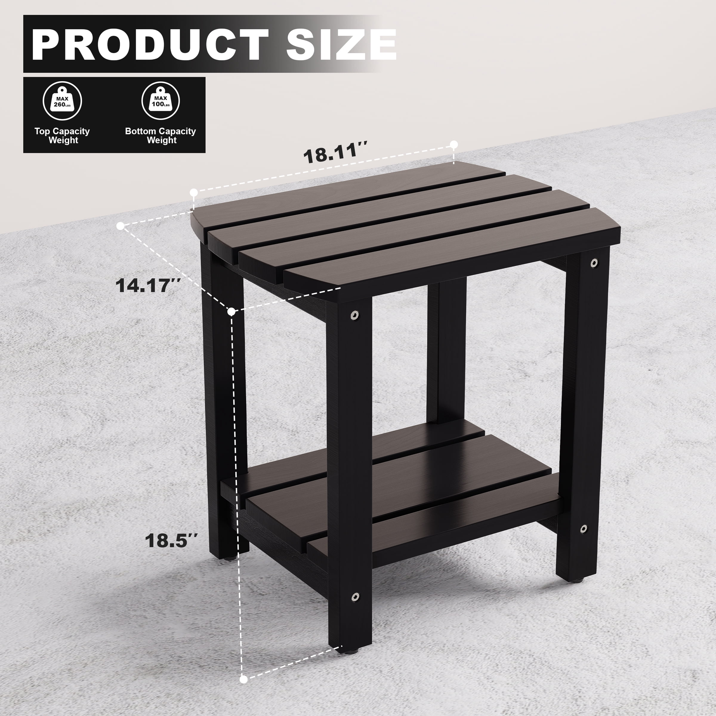 Adirondack Side Table 18", Solid Wood End Tables, Small Outdoor Coffee Table Porch Table Pine Wood for Patio, Backyard,Pool, Indoor Companion (Black)