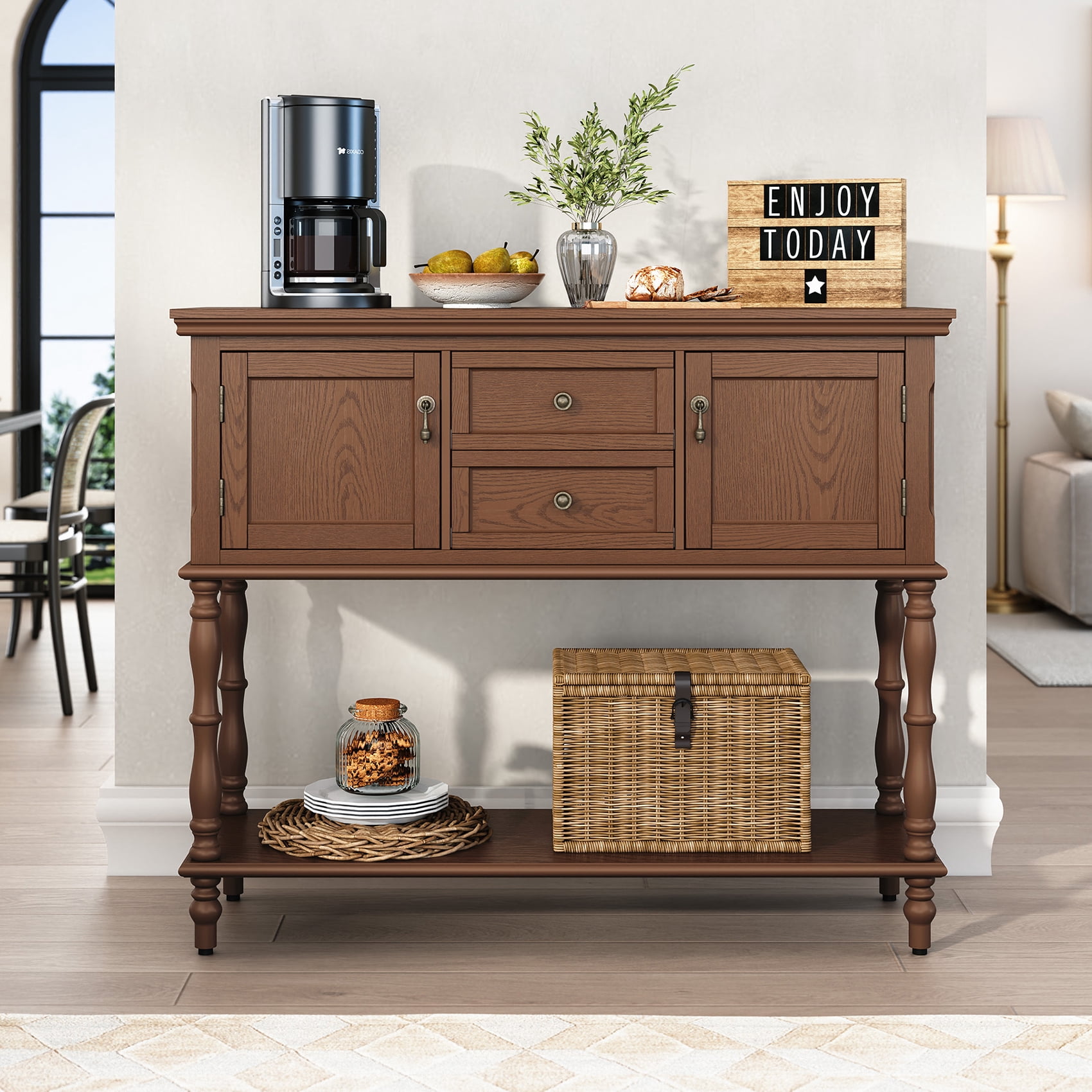 CBJCBJ 42'' Farmhouse Console Table , 2 Drawer Narrow Long Entryway Table with Open Storage Shelf , for Living Room,Brown