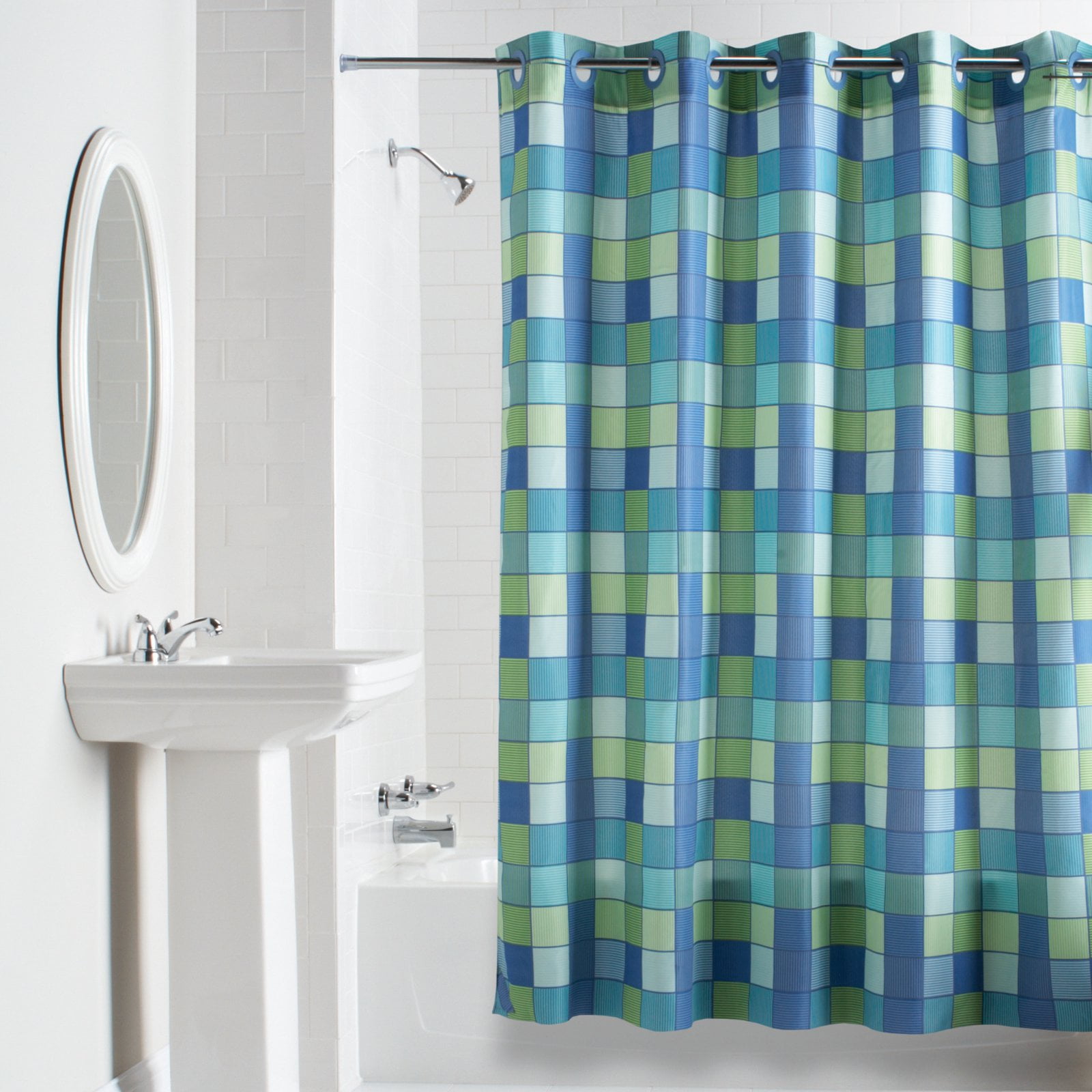 Hookless Blue Green Checkmate Polyester Shower Curtain Walmart