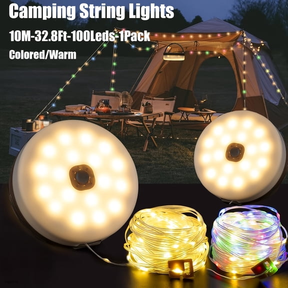 10-meter solar camping string lights with 124 LED beads, IP44 protection rating, 8 lighting modes and 3 timer settings. Ideal for camping, patios, gardens, and holiday events—warm white/multicolor.