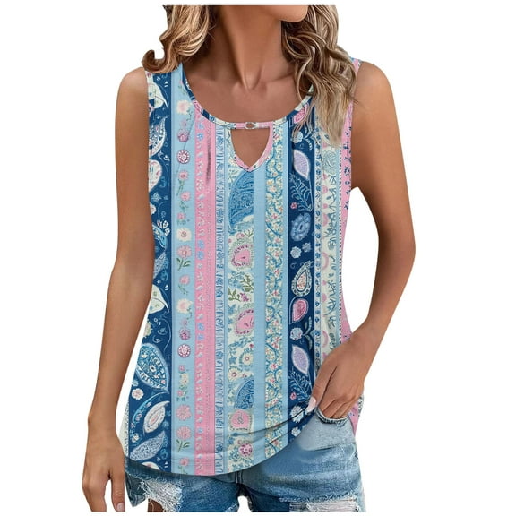 Womens Floral Hollow Tank Sleeveless Keyhole Tunic V Neck Loose Blouse Casual Trendy Flowy Summer Shirt Hiking Vacation Tee Shirts