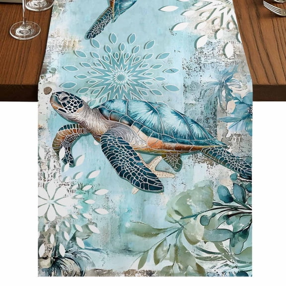 Sea Turtle Coastal Short Table Runner 60 Inches Long,Vintage Teal Nautical Beach Cotton Linen Table Runners Dresser Scarves,Tabletop Scarf Furniture Cover for Home Dinner Party Decor 13"x60"