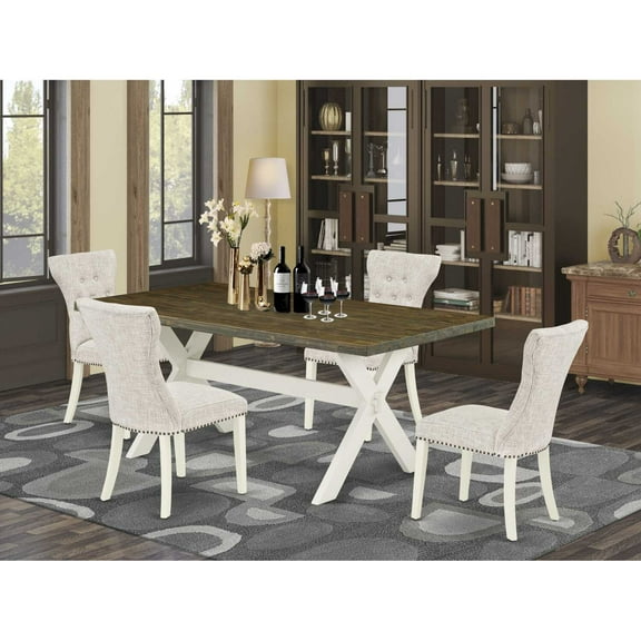 East West Furniture 5-Pc Dining Table Set- 4 Parson Dining Room Chairs with Doeskin Linen Fabric Seat and Button Tufted Chair Back - Rectangular Table Top & Wooden Cross Legs - Distressed Jacobean...