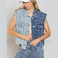 thumbnail image 6 of WERYOUNG Women Beading Pearls Denim Vest Button Sleeveless Cropped Jean Jacket, S, 6 of 7