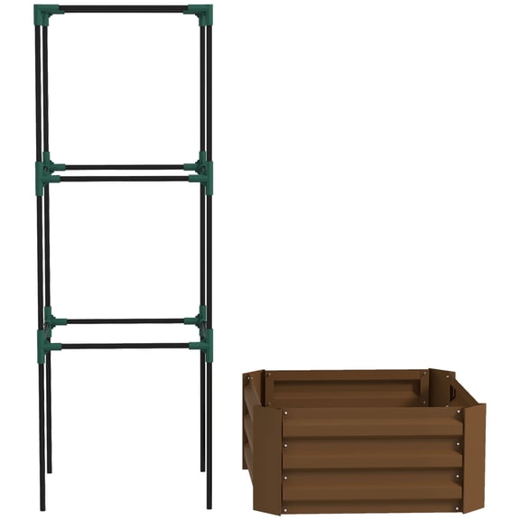 Homiyad Galvanized Planter Box, 24" x 24" x 11.75" Raised Garden Bed with Tomato Cage for Climbing Vines, Brown