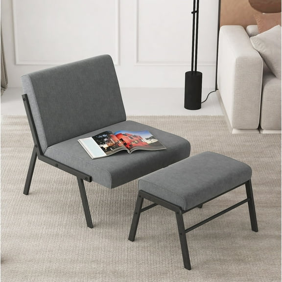 Modern Fabric Accent Chair with Ottoman, Grey Linen Accent Chair Modern with Metal Legs, Armless Living Room Chair, Single Sofa Chair for Bedroom Reading