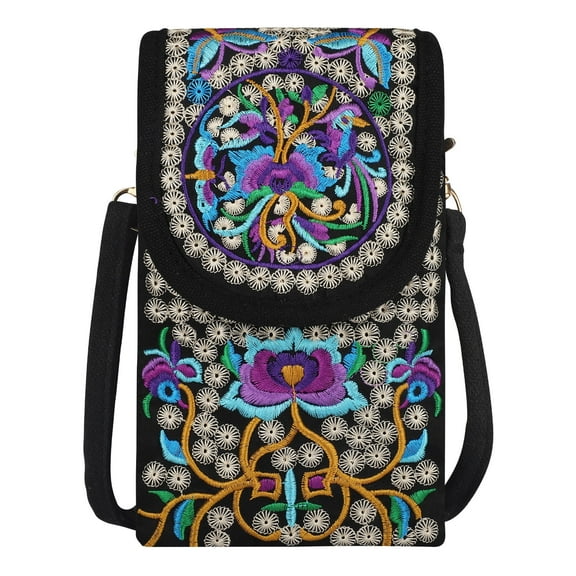 Crossbody Cell Phone Bag, Small Embroidery Canvas Messenger Phone Bag for Women, 7" Floral Cellphone Shoulder Pouch