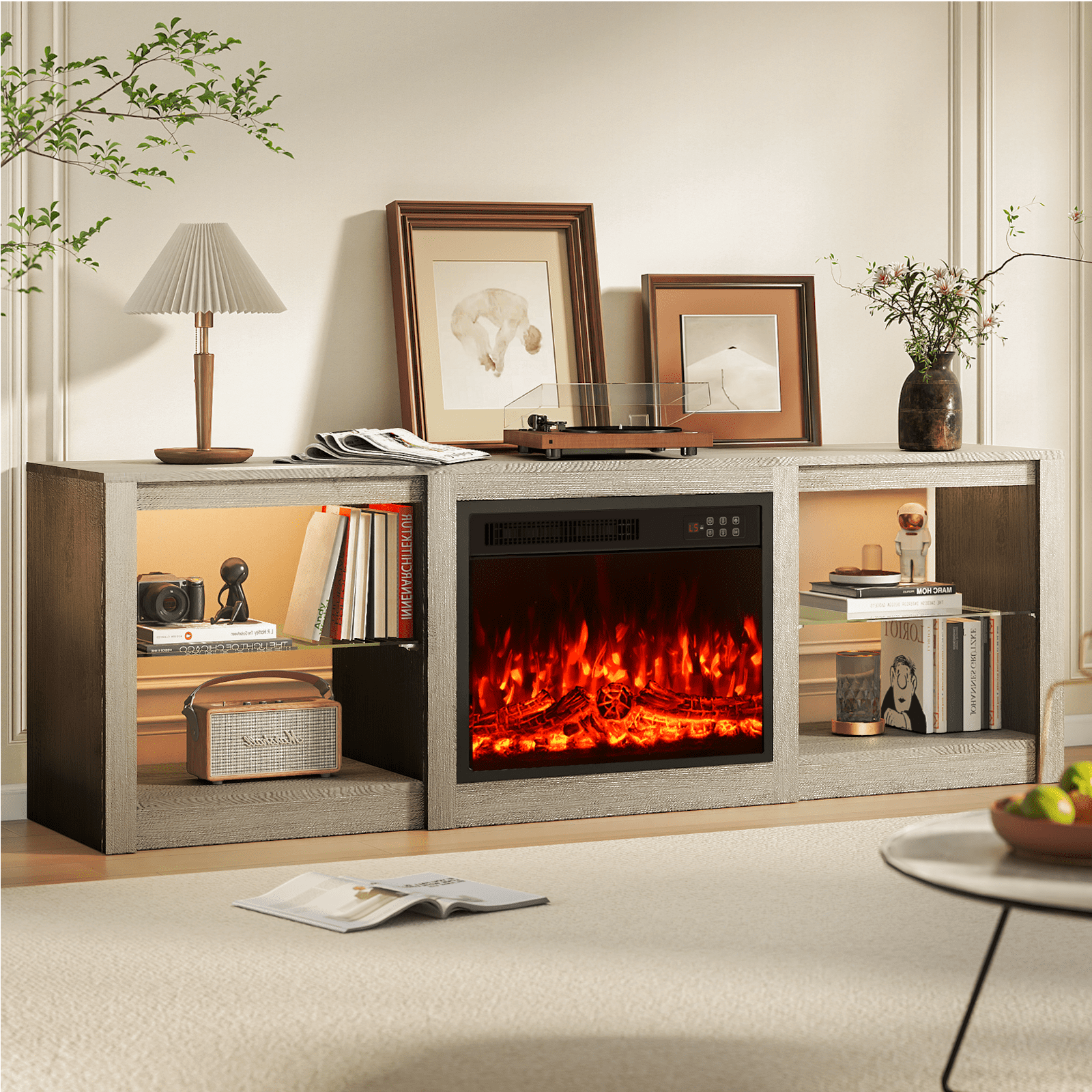 Rocyis 70’’ Fireplace TV Stand with LED Light and Entertainment Center for 80’’ TV with Adjustable Glass Shelves, White TV Console for Living Room/Bedrom,  Gray