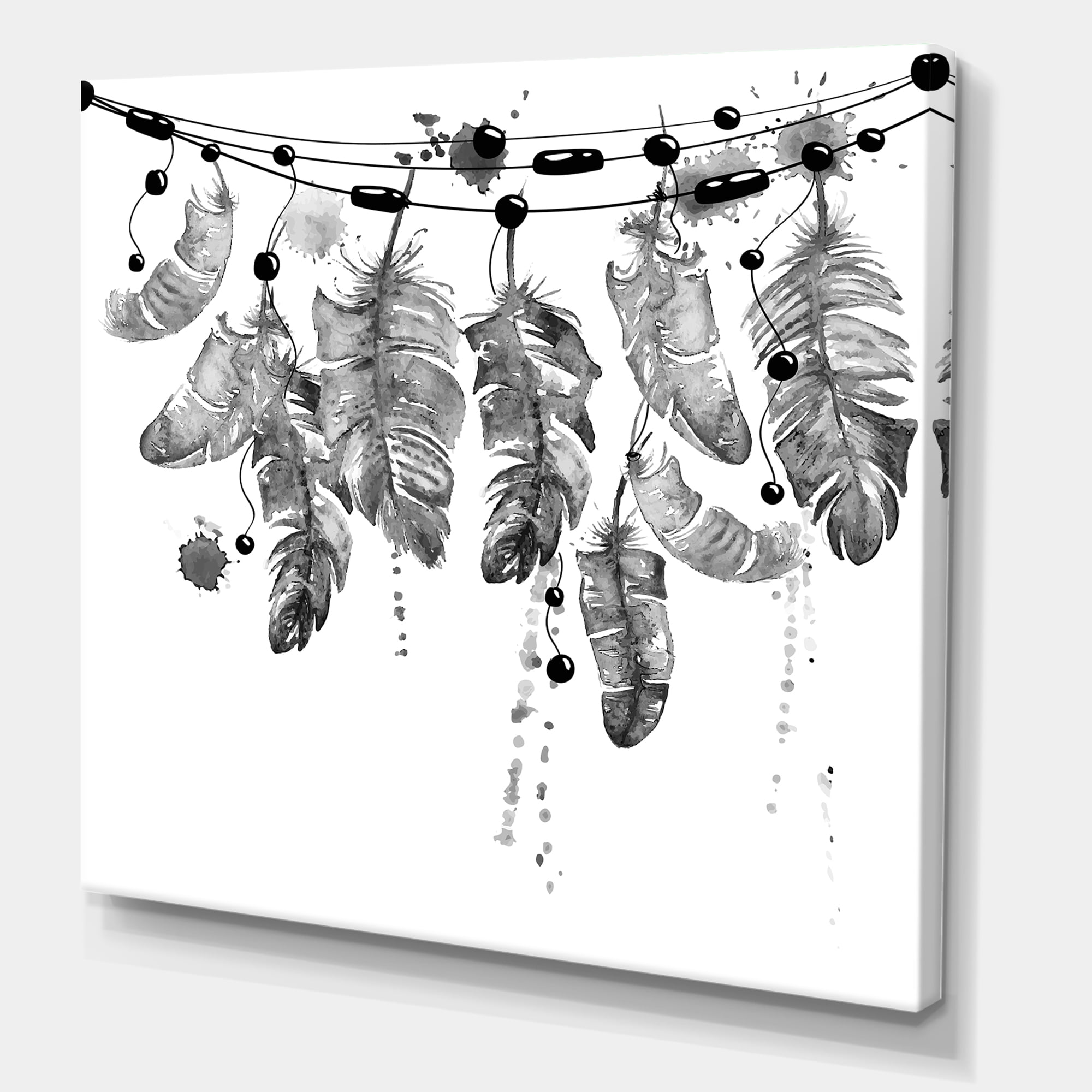 Hanging Monochrome Bird Feathers 30 in x 30 in Painting Canvas Art Print, by Designart