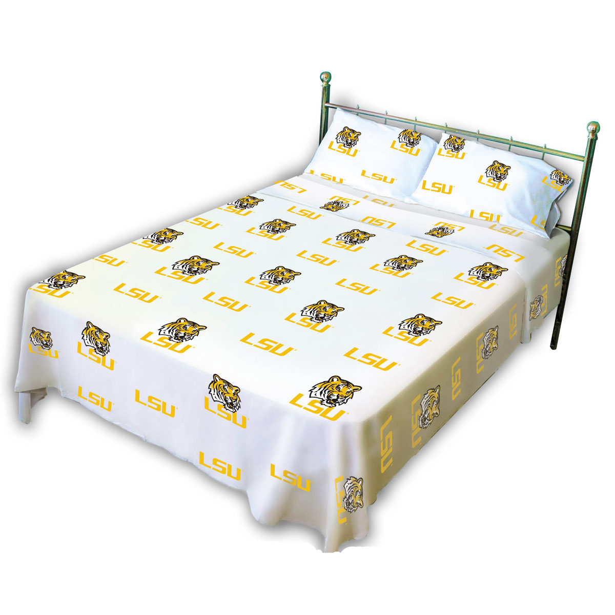 LSU Tigers 100% cotton, 4 piece sheet set - flat sheet, fitted sheet, 2 pillow cases, Full, White