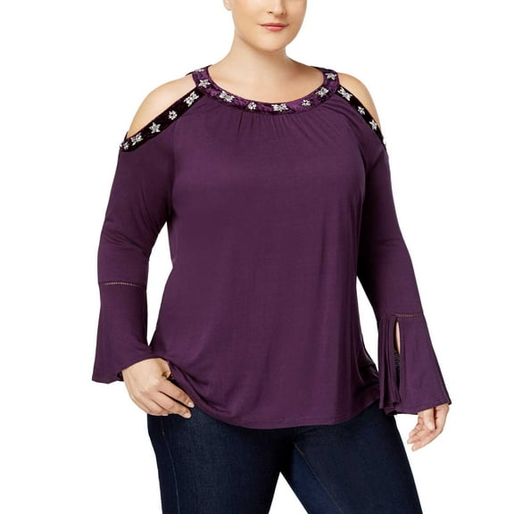 INC International Concepts Women’s Plus Size Velvet-Trim Cold-Shoulder Pullover Blouse Tops, Purple, 2X Plus