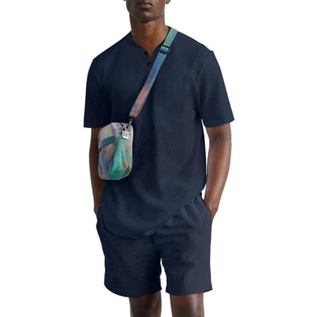 

Glookwis Men Solid Color Pajama Set Loose Loungewear Casual Plain Pjs Sets V Neck Two Pieces Homewear Sleepwear