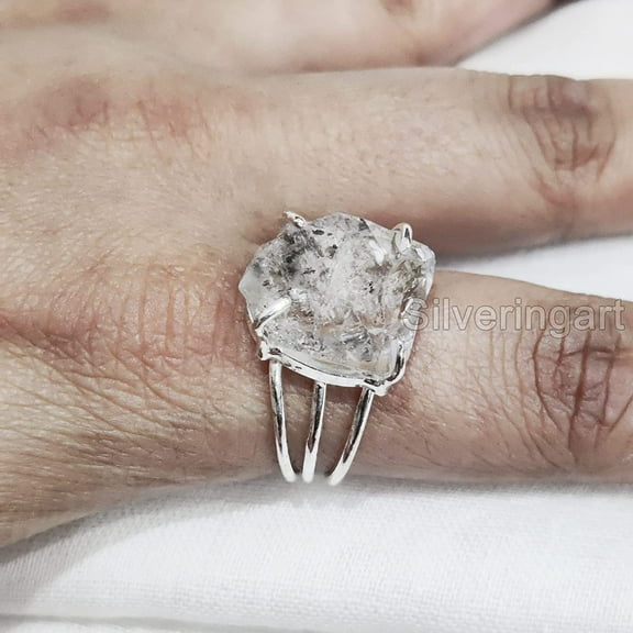 Natural Herkimer Diamond Ring, Rough Herkimer Diamond Ring, Birthstone, 3 Plain Band, 925 Sterling Silver, Womens Ring, Christmas, Thanksgiving, Handmade, Statement Jewelry, Rough Gemstone Jewelry