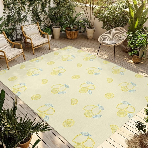 Yellow Lemon Outdoor Rug for Patio/Deck/Porch, Non-Slip Large Area Rug 5 x 7 Ft, Summer Farmhouse Fruits Leaves Lemon Indoor Outdoor Rugs Washable Area Rugs, Reversible Camping Rug Carpet Runner