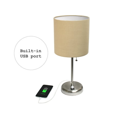 Limelights - Stick Lamp with USB charging port and Fabric Shade - Silver/Tan