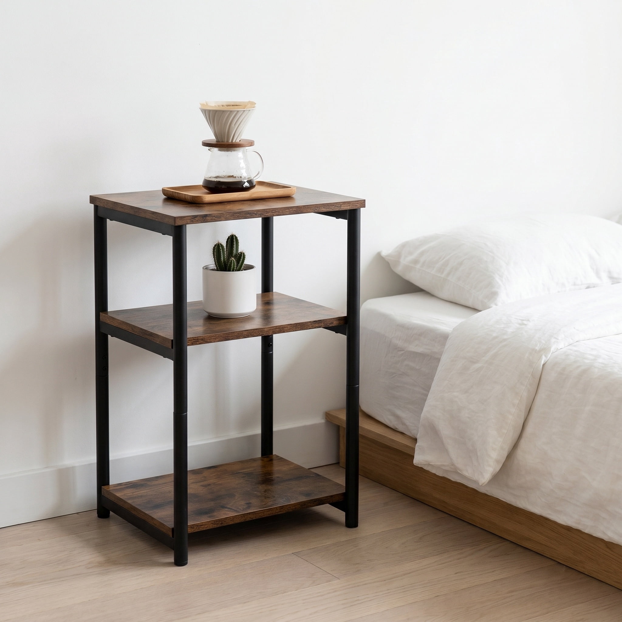 Nordic Hygge 2-Tier Industrial End Table, Rustic Brown and Ink Black