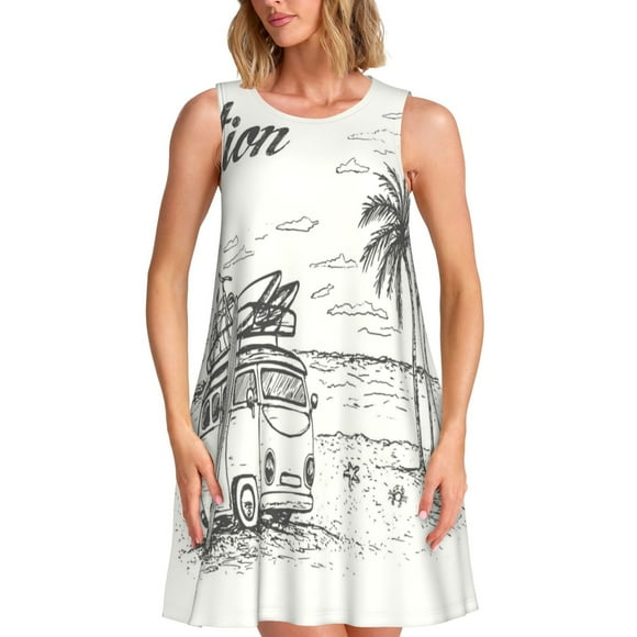 Saiise Summer Vacation Scene With Camping Van Pattern Summer Dresses for Women Beac Sleeveless Vintage Floral Flowy Pocket Tshirt Tank Sundresses