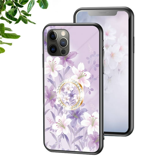 Nalacover for iPhone 13 Pro Max Slim Case,Exquisite Floral Pattern 360 Rotating Diamond Ring Holder Anti-Scratch Soft TPU Silicone Bumper Rubber Tempered Glass Back Cover.Purple Magnolia