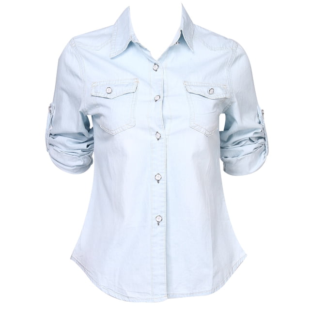 Chemisiers en Denim pour Femmes Mode Doux Manches Longues Chemise Ajustée Hauts