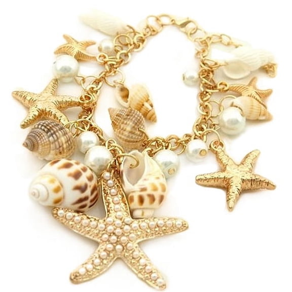 Yesbay Ocean Style Starfish Sea Star Conch Shell Faux Pearl Chain Summer Beach Bracelet-