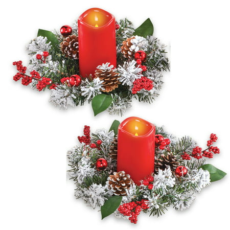 Frosted Pine Candle Rings and Red Flameless Candles with Pinecones, Winter Holiday Centerpiece and Tabletop Decorations, 2