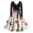 thumbnail image 5 of Women's Christmas Printed V-Neck Large Hem Audrey Dress Long Sleeve Dress with Christmas Tree Pattern, Flare Skirt, Retro Style for Party, Casual, Holiday Events,White,L, 5 of 6