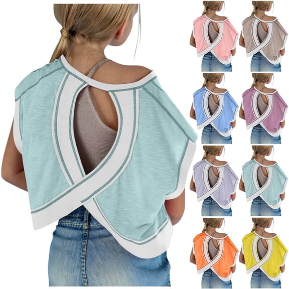 Mwjwdo Open Back Tops for Girls Loose Casual Short Sleeve Workout T Shirts 2025 Backless Yoga Y2k Athletic Crop Running Tees Blue 11 Years