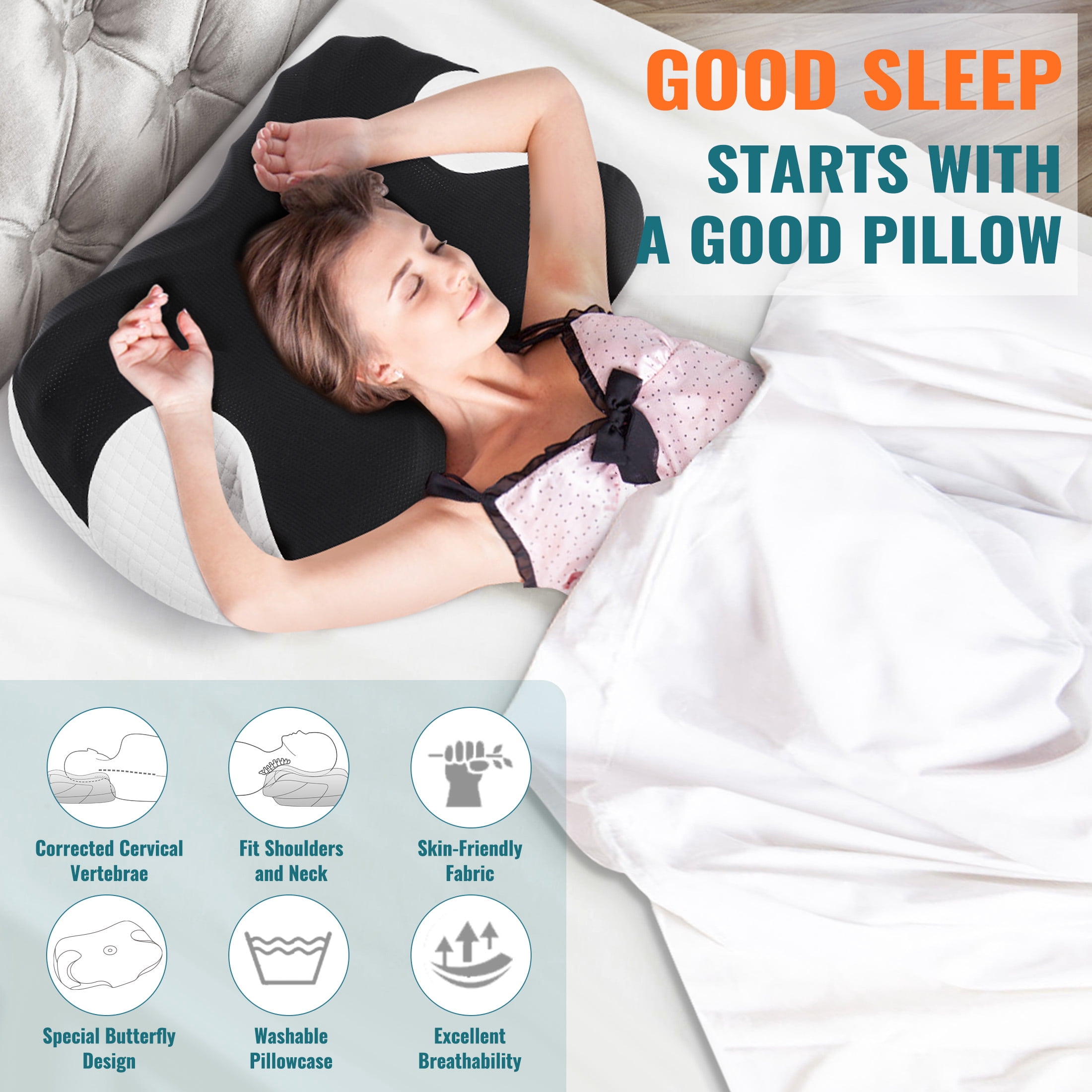 ENERFACE Ergonomic Memory Foam Neck Pillow for Pain Relief, Orthopedic Cervical Pillow for Side, Back & Stomach Sleepers with Breathable Washable Cover, Black+White