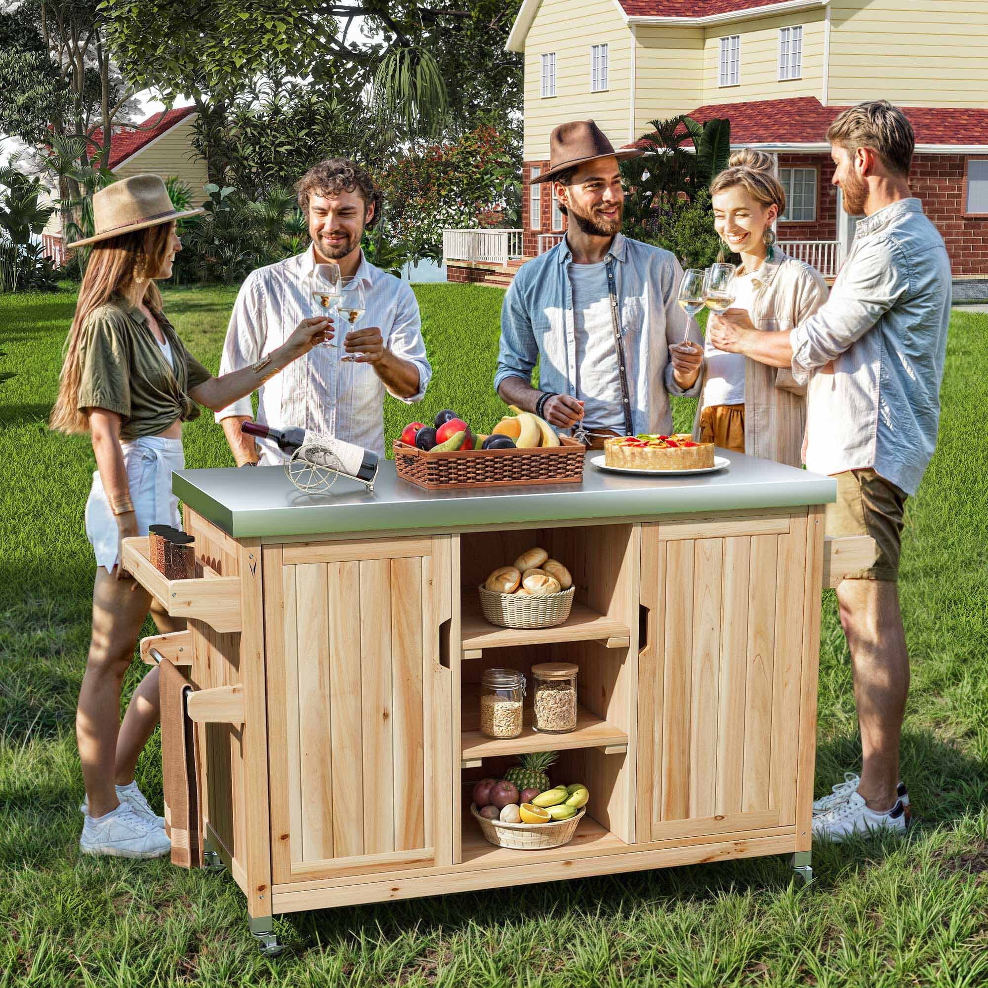 Uforic Outdoor Movable Grill Cart Storage Cabinet, MultiFunctional BBQ Grill Bar Cart, Bar, Prep Table, Rolling Kitchen Island