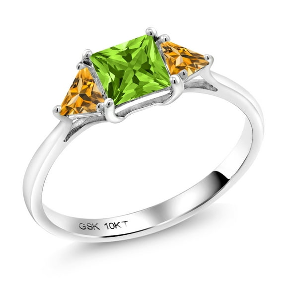 Gem Stone King 10K White Gold Green Peridot and Yellow Citrine 3 Stone Engagement Ring for Women (1.01 Cttw, Gemstone August Birthstone, Princess Center 5MM, Trillion 3.5MM, Size 8)