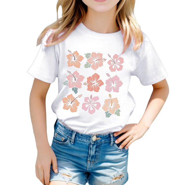 PMVFHDE Hauts pour Filles Hauts Basiques Tendance pour Fille Manches Courtes T-Shirts pour Fille T-Shirts Graphiques Col Rond Imprimé T-Shirt Blanc, 10-11 Ans