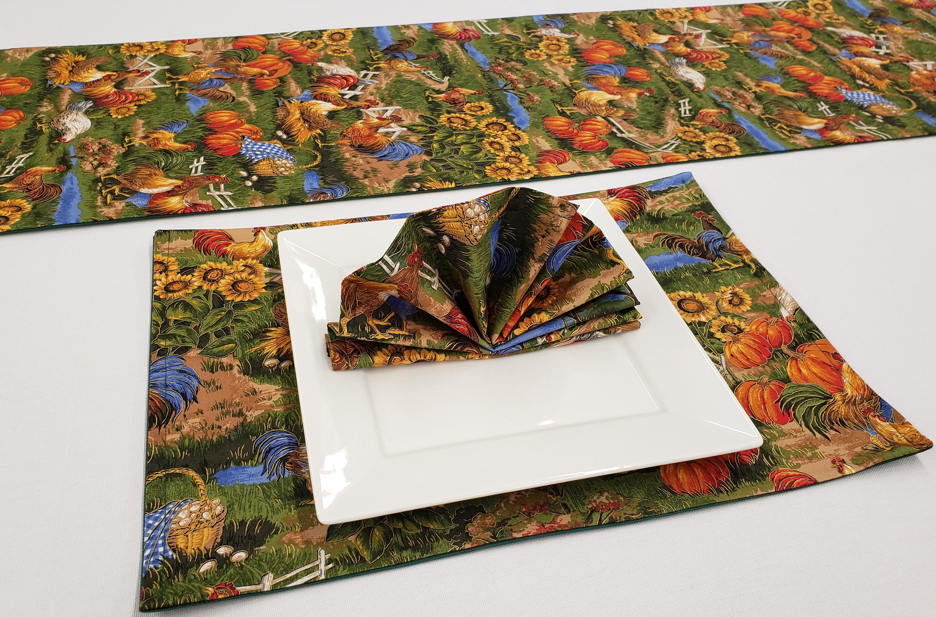 Roosters & Chickens Farm Placemat Table Runner Cloth Napkins Set by
