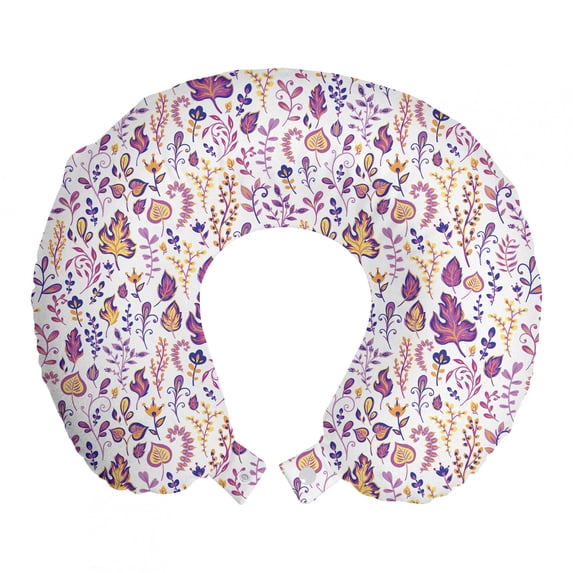 Botanical Travel Pillow Neck Rest, Pastel Forest Herbs and Swirly Branches Flourishing Growth Woods Doodle, Memory Foam Traveling Accessory Airplane and Car, 12", Fuchsia Pale Orange, by Ambesonne