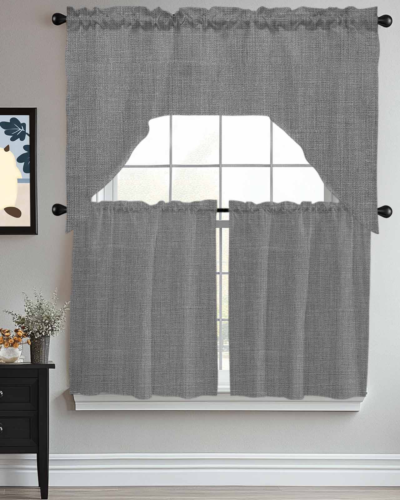 Vintage Dark Gray Kitchen Curtains Swag Valance and Tier Curtains Set 24 Inch Length, Farmhouse Retro Solid Color Linen Texture Rod Pocket Drape Panels Pair Swag Curtains for Bathroom/Cafe/Window
