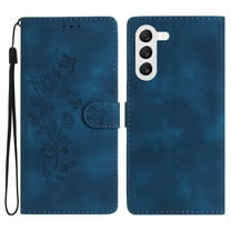 SaniMore Wallet Case for Samsung Galaxy S23 6.1" 2023,  PU Leather Embossed Flower Shockproof [Card Slots   Cash Pocket   Removeable Wrist Strap] Kickstand Full Protective Business Shell, Darkblue
