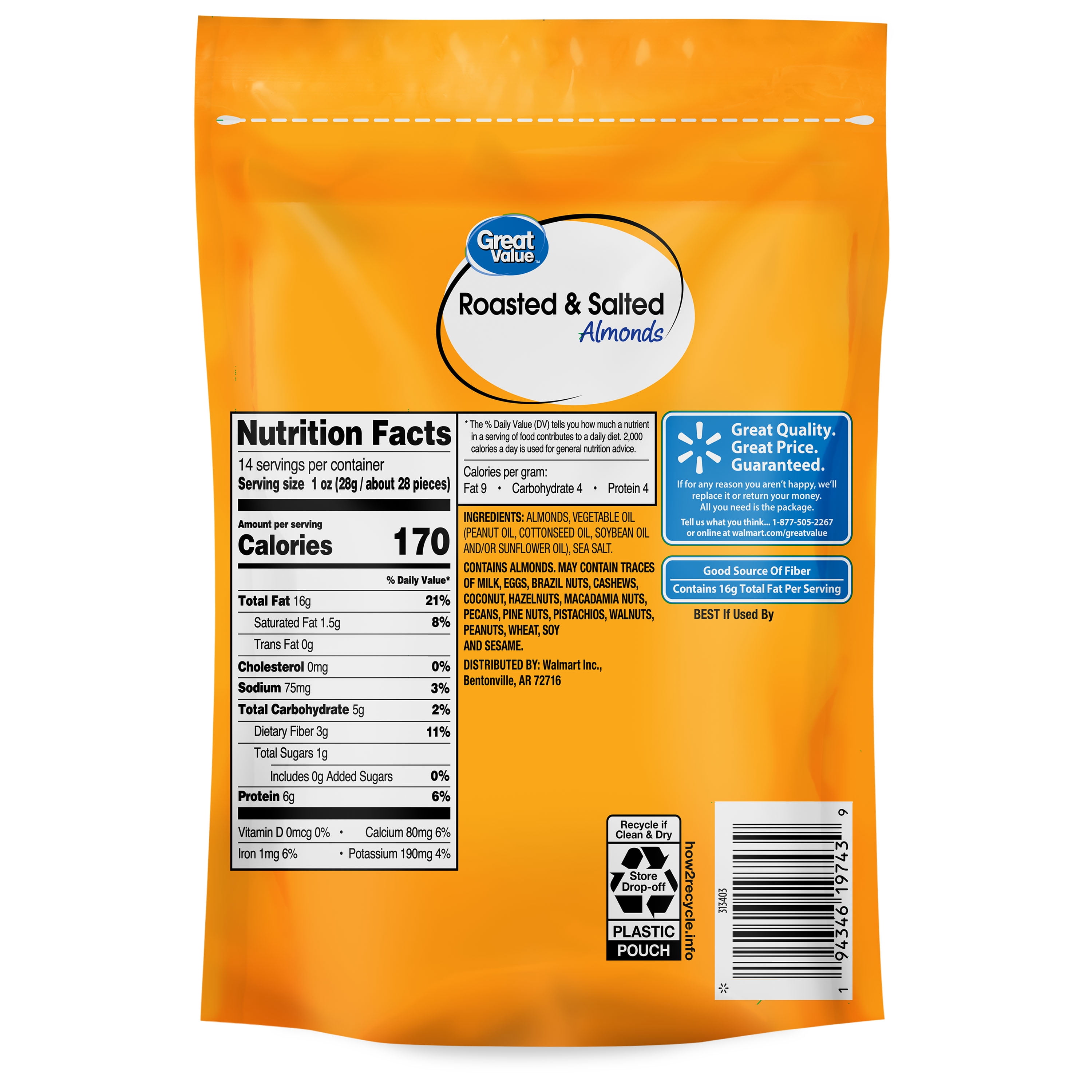 Great Value Roasted & Salted Almonds, 14 oz