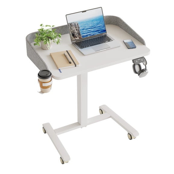 Mobile Standing Desk with Wheels and Felt Panel, 26.8" x 15.7" Adjustable Rolling Desk with Cup Holder & Hook, Space-Saving Sit Stand Portable Desk for Home Office, Bedside, and Couch Use,White