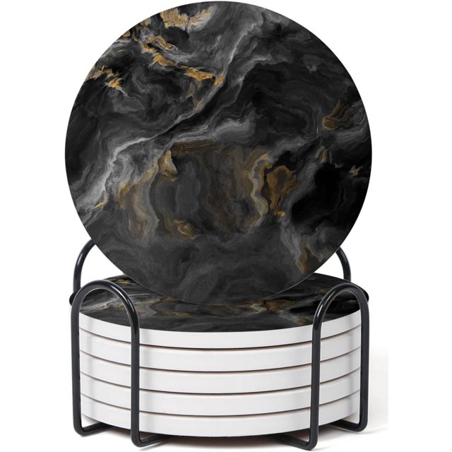 Juego de 6 posavasos de mármol negro abstracto con soporte, posavasos de cerámica absorbentes para bebidas, posavasos con respaldo de corcho para protección de mesa, regalos de inauguración