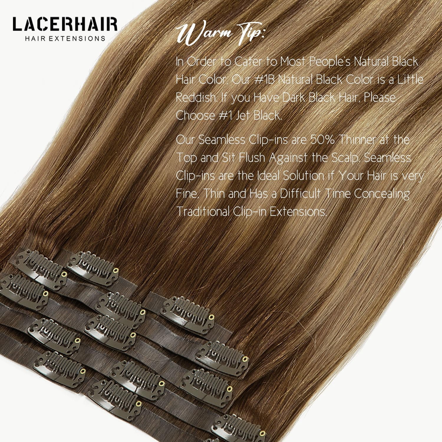Lacer PU Clip in Hair Extensions Remy Human Hair Chocolate Brown to Caramel Blonde with Brown Roots 22 Inch Thick Remy Glam Seamless Light Hair Extensions with Skin-Weft Technology 110g 7pcs